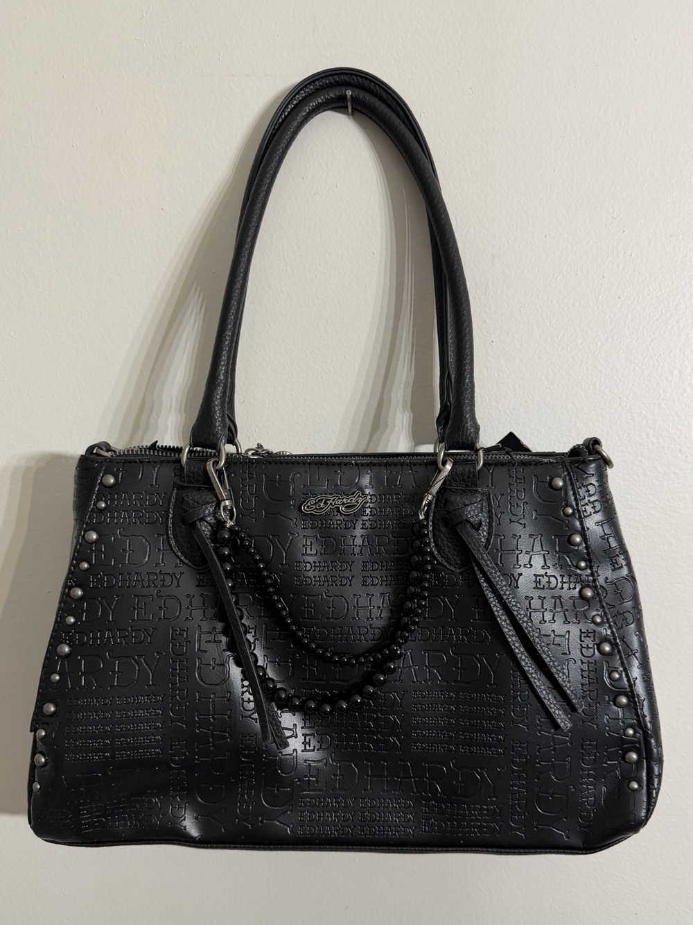 Ed Hardy Black Embossed Logo Satchel Bag
